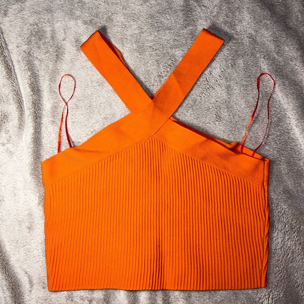 Orange Criss Cross Ribbed Halter Top